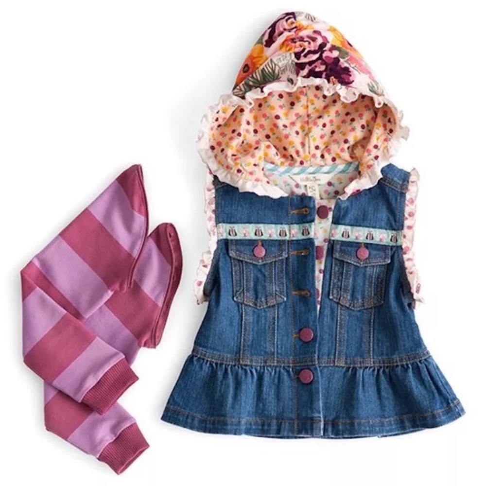 Matilda Jane Labyrinth Convertible Denim Jacket-Vest with Floral Hood